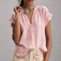 Effortless Linen Blouse with Deep V-Neckline and Ruffle Sleeves