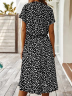 Relaxed Spotted Midi Dress with Adjustable Drawstring Waist