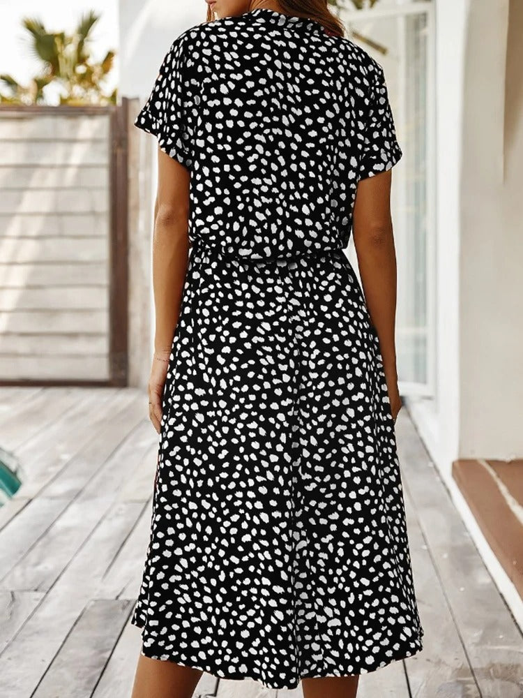 Relaxed Spotted Midi Dress with Adjustable Drawstring Waist