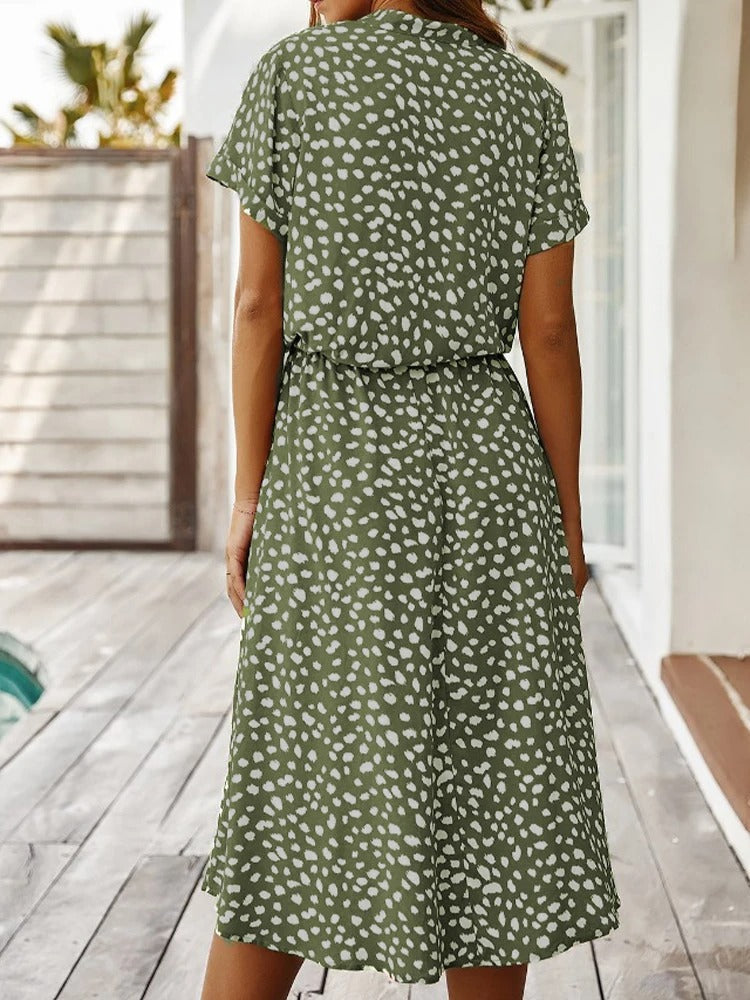 Relaxed Spotted Midi Dress with Adjustable Drawstring Waist