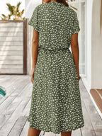 Relaxed Spotted Midi Dress with Adjustable Drawstring Waist