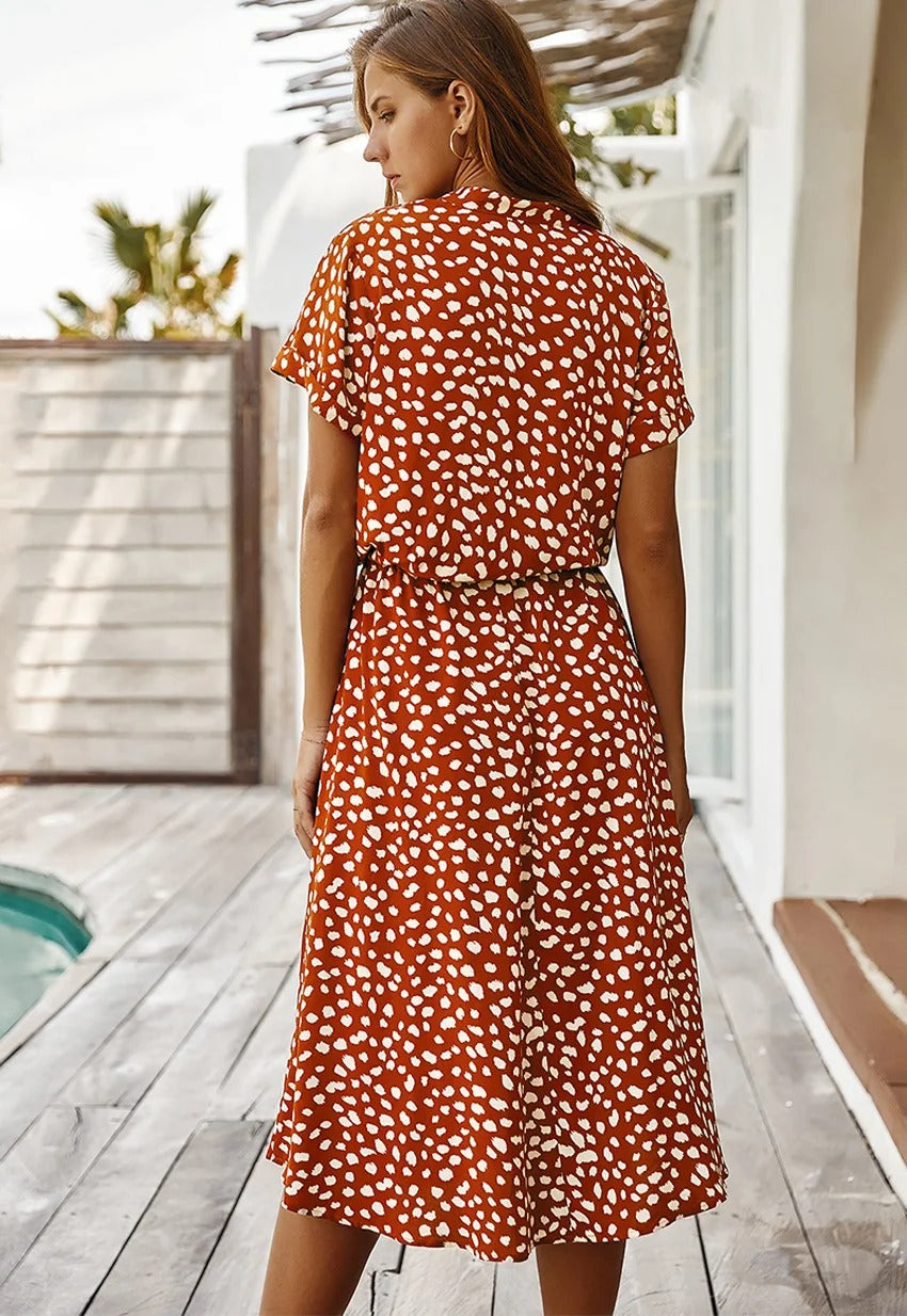 Relaxed Spotted Midi Dress with Adjustable Drawstring Waist