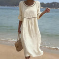 Linen Midi Dress with Hollow Out Neckline Flared Sleeves and Gathered Waist