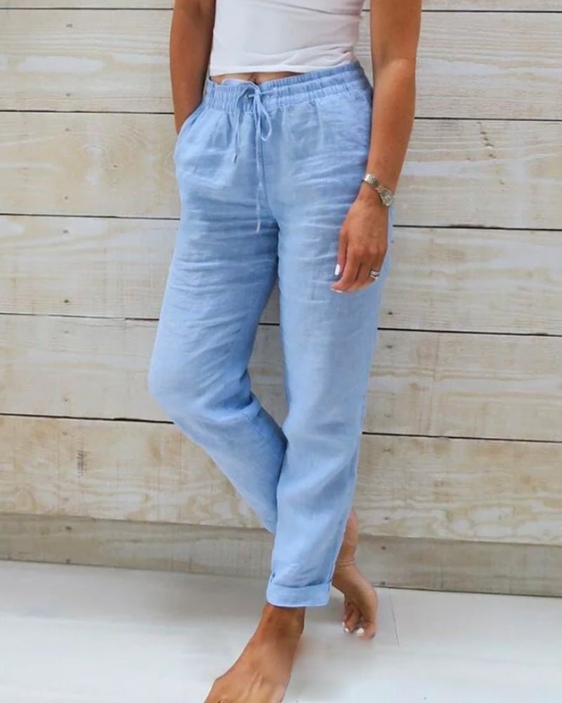 Linen Straight Leg Trousers with Adjustable Drawstring Waist and Rolled Hem