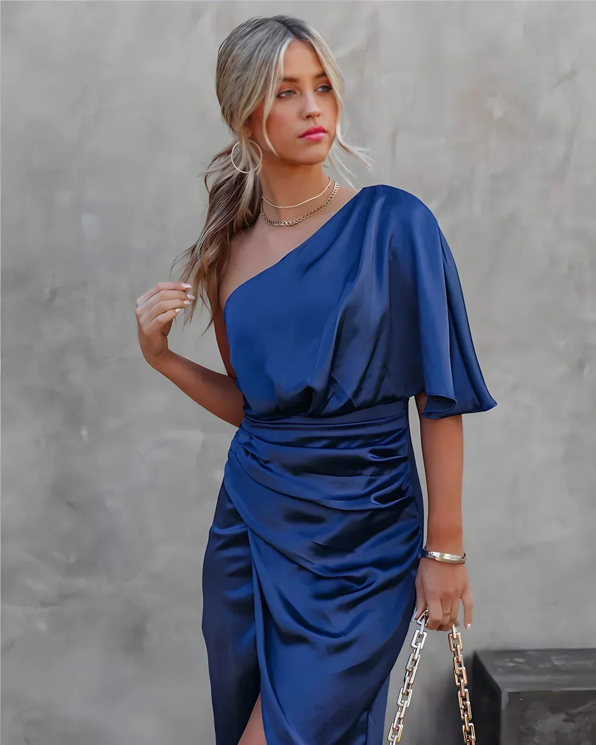 Women's Elegant Off-Shoulder Satin Midi Dress with Draped Waist and Side Slit