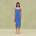 Blue knitted long dress with suspenders, sleeveless and backless