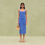 Blue knitted long dress with suspenders, sleeveless and backless