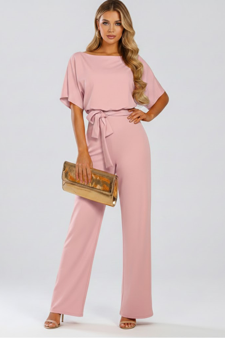 Women’s Full-Length Jumpsuit with Round Neckline and Tie Waist