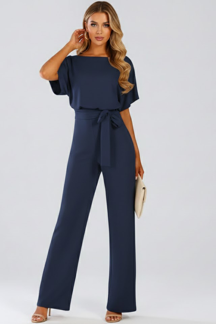 Women’s Full-Length Jumpsuit with Round Neckline and Tie Waist