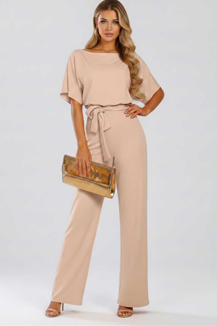 Full-Length Women's Jumpsuit with Round Neckline Waist Tie and Wide Legs