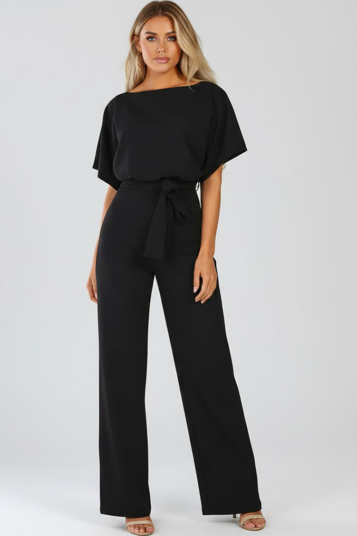 Full-Length Women's Jumpsuit with Round Neckline Waist Tie and Wide Legs