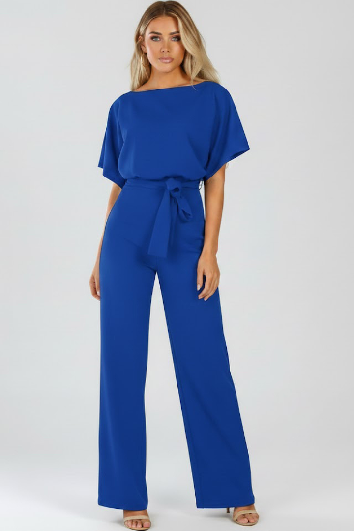Women’s Full-Length Jumpsuit with Round Neckline and Tie Waist