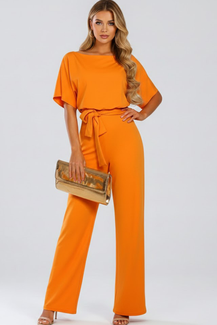 Women’s Full-Length Jumpsuit with Round Neckline and Tie Waist