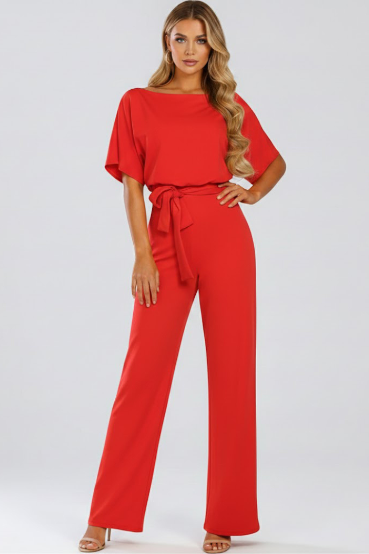 Full-Length Women's Jumpsuit with Round Neckline Waist Tie and Wide Legs