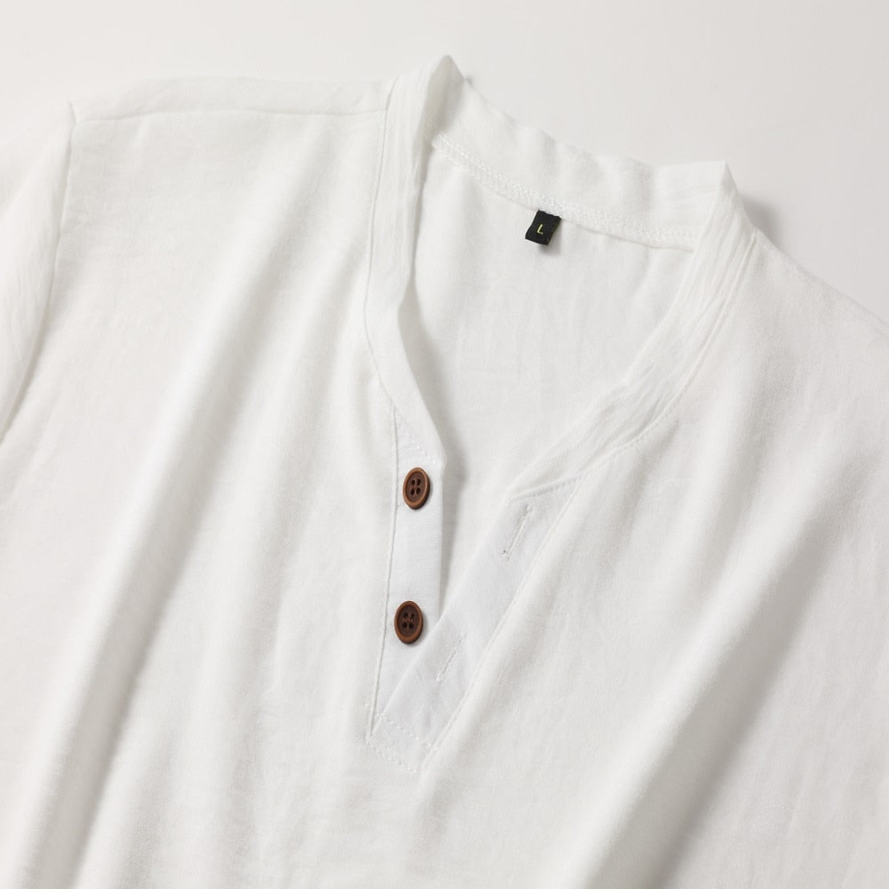 Men's V-Neck Henley T-Shirt with Button Placket and Classic Fit