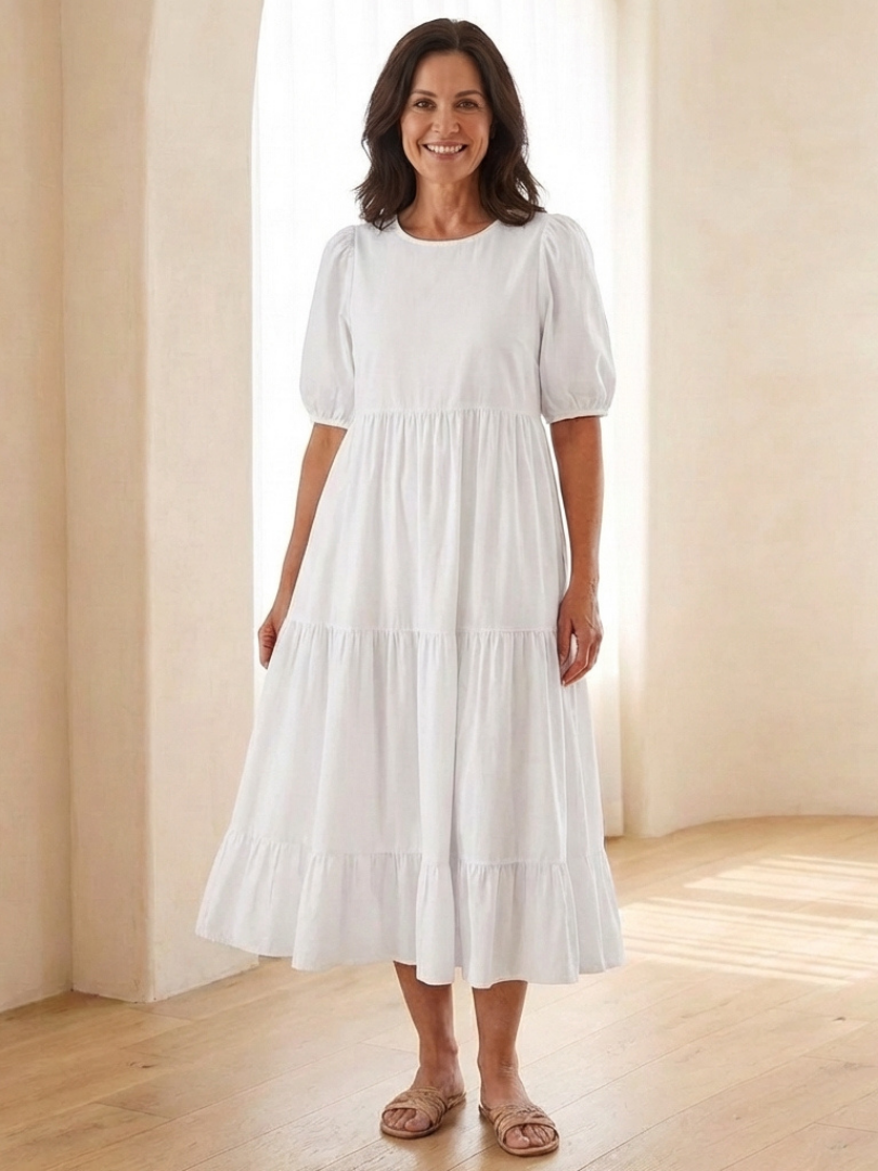 Women's Round Neck Puff Sleeve Tiered Midi Dress with Lightweight Fabric