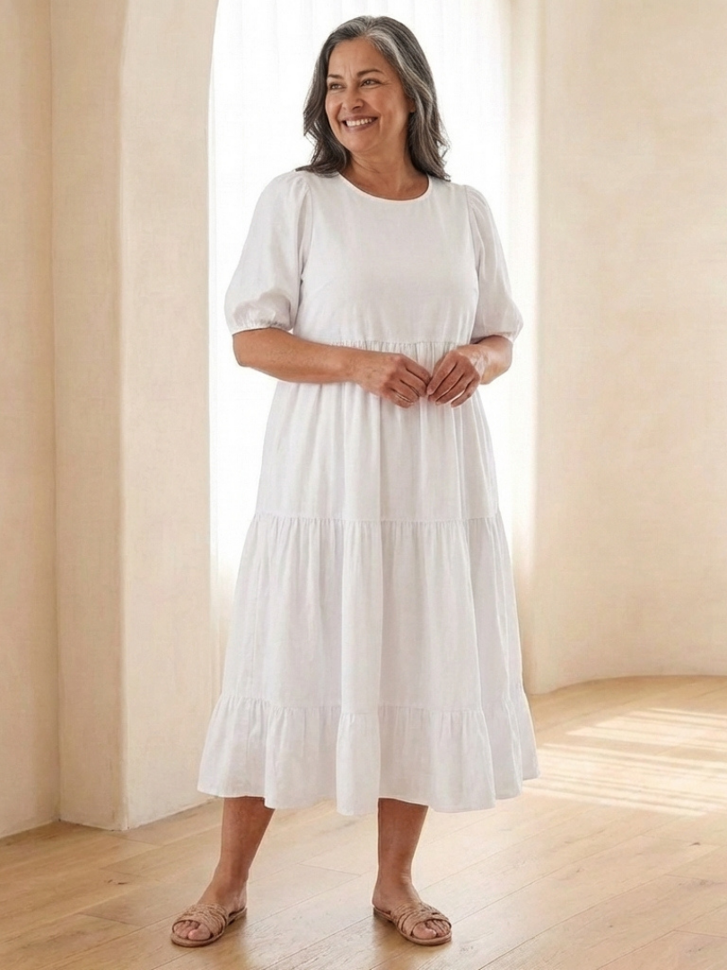 Women's Round Neck Puff Sleeve Tiered Midi Dress with Lightweight Fabric