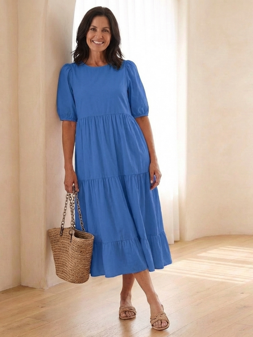 Women's Round Neck Puff Sleeve Tiered Midi Dress with Lightweight Fabric