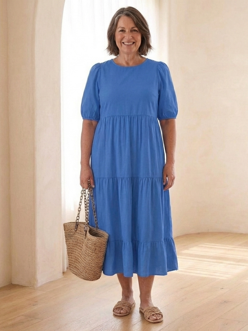 Women's Round Neck Puff Sleeve Tiered Midi Dress with Lightweight Fabric