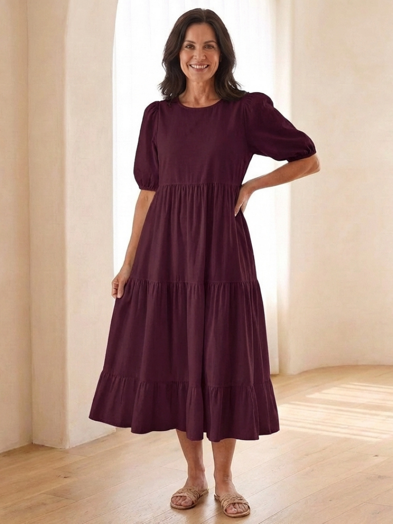 Women's Round Neck Puff Sleeve Tiered Midi Dress with Lightweight Fabric