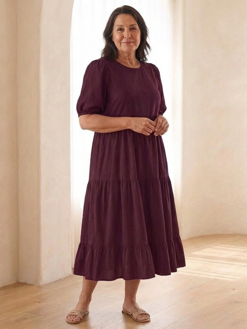 Women's Round Neck Puff Sleeve Tiered Midi Dress with Lightweight Fabric