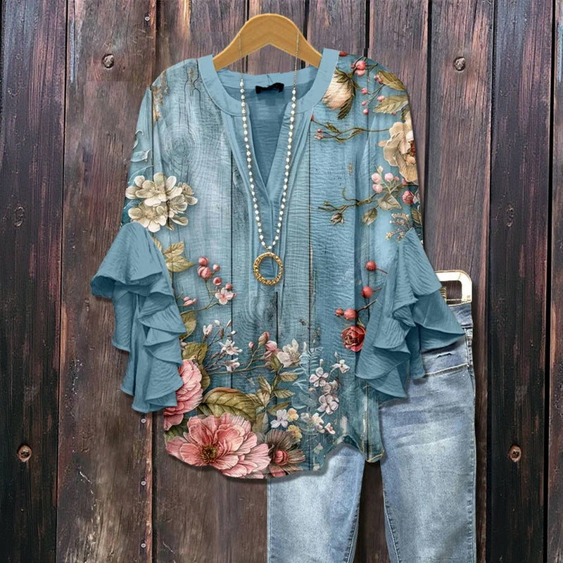 Women's Floral Print Blouse with Romantic Tiered Ruffled Sleeves