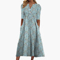 Floral Print Midi Dress with V-Neckline Buttoned Front and Side Pockets