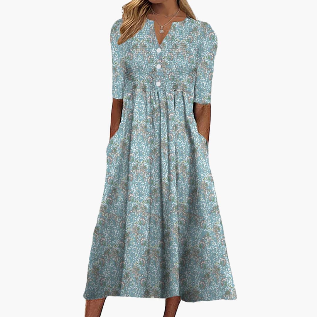 Floral Print Midi Dress with V-Neckline Buttoned Front and Side Pockets