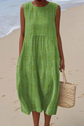 Embroidered Sleeveless Midi Dress with Relaxed Fit and Pockets