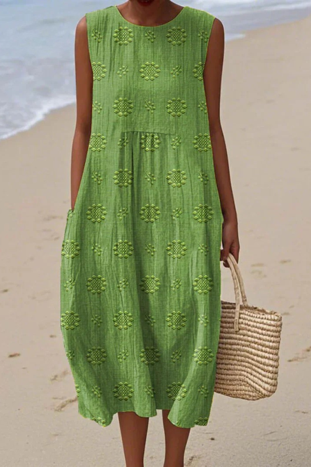 Embroidered Sleeveless Midi Dress with Relaxed Fit and Pockets