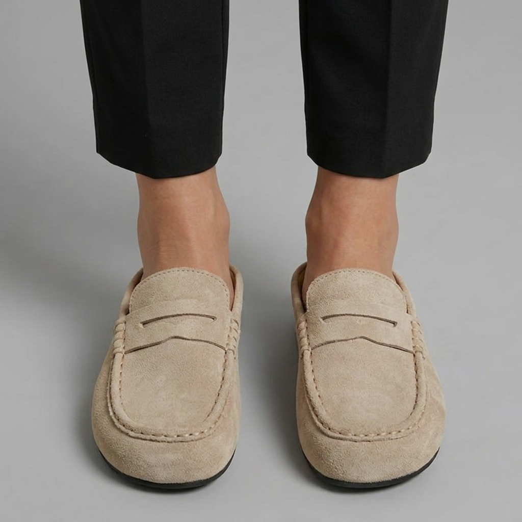 Women's Soft Suede Closed Toe Mule Loafers with Penny Strap Detail
