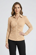 Women's Long Sleeve Blouse with Collared Neckline, Button Front and Ruched Detail