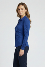 Women's Long Sleeve Blouse with Collared Neckline, Button Front and Ruched Detail