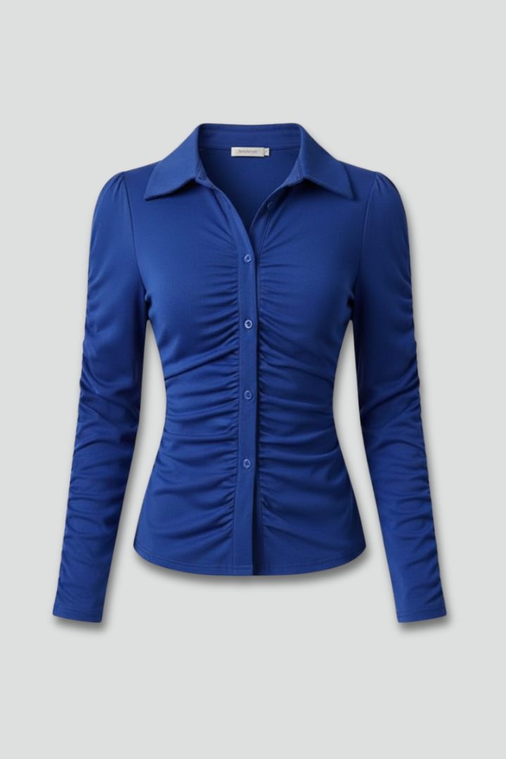 Women's Long Sleeve Blouse with Collared Neckline, Button Front and Ruched Detail