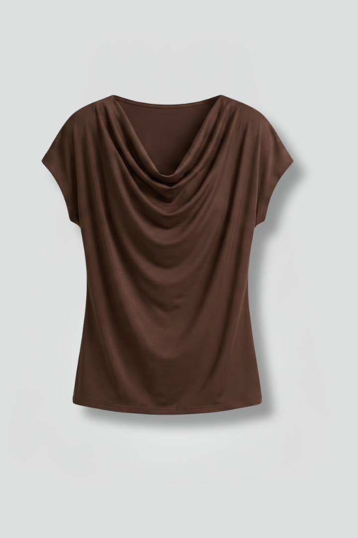 Draped Front Blouse with Cowl Neckline and Short Sleeves