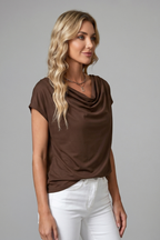 Draped Front Blouse with Cowl Neckline and Short Sleeves