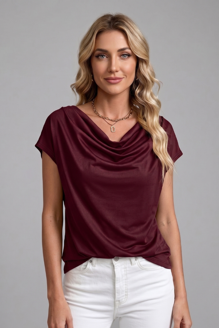 Draped Front Blouse with Cowl Neckline and Short Sleeves