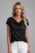 Draped Front Blouse with Cowl Neckline and Short Sleeves
