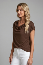 Draped Front Blouse with Cowl Neckline and Short Sleeves