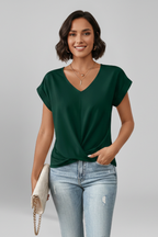 V Neckline Short Sleeve Women’s Blouse with Front Chest Pocket