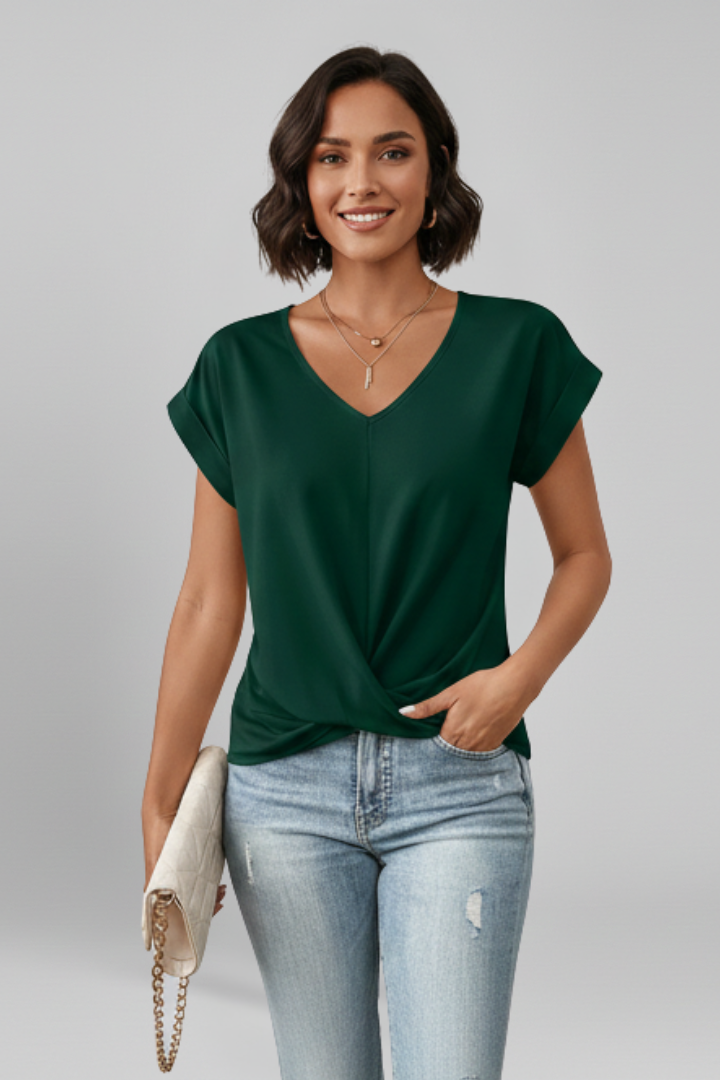 V Neckline Short Sleeve Women’s Blouse with Front Chest Pocket
