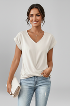V Neckline Short Sleeve Women’s Blouse with Front Chest Pocket