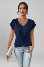 V Neckline Short Sleeve Women’s Blouse with Front Chest Pocket