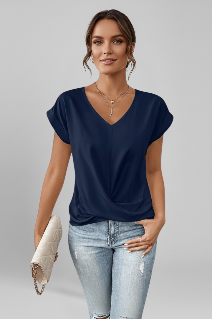 V Neckline Short Sleeve Women’s Blouse with Front Chest Pocket