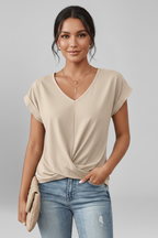 V Neckline Short Sleeve Women’s Blouse with Front Chest Pocket