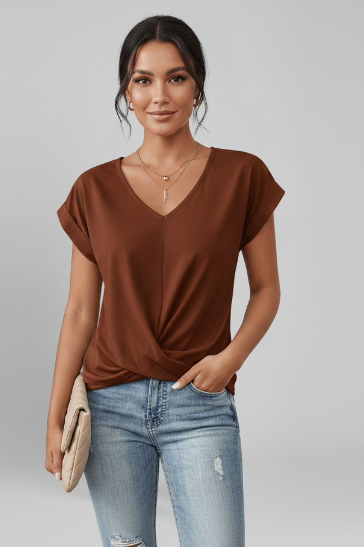 V Neckline Short Sleeve Women’s Blouse with Front Chest Pocket