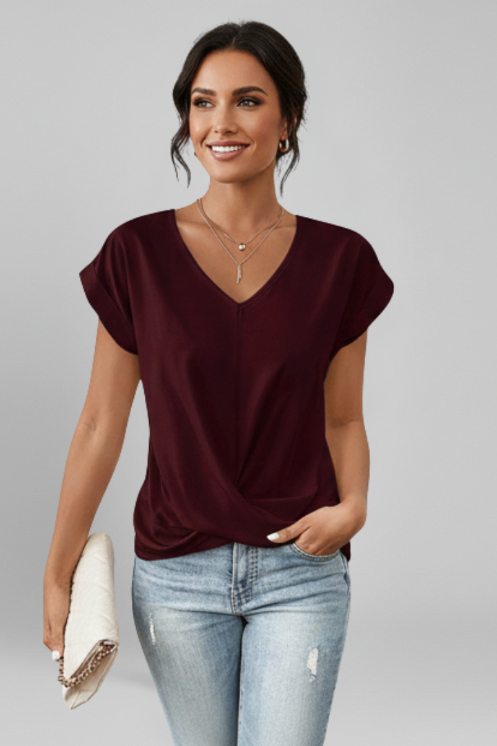 V Neckline Short Sleeve Women’s Blouse with Front Chest Pocket