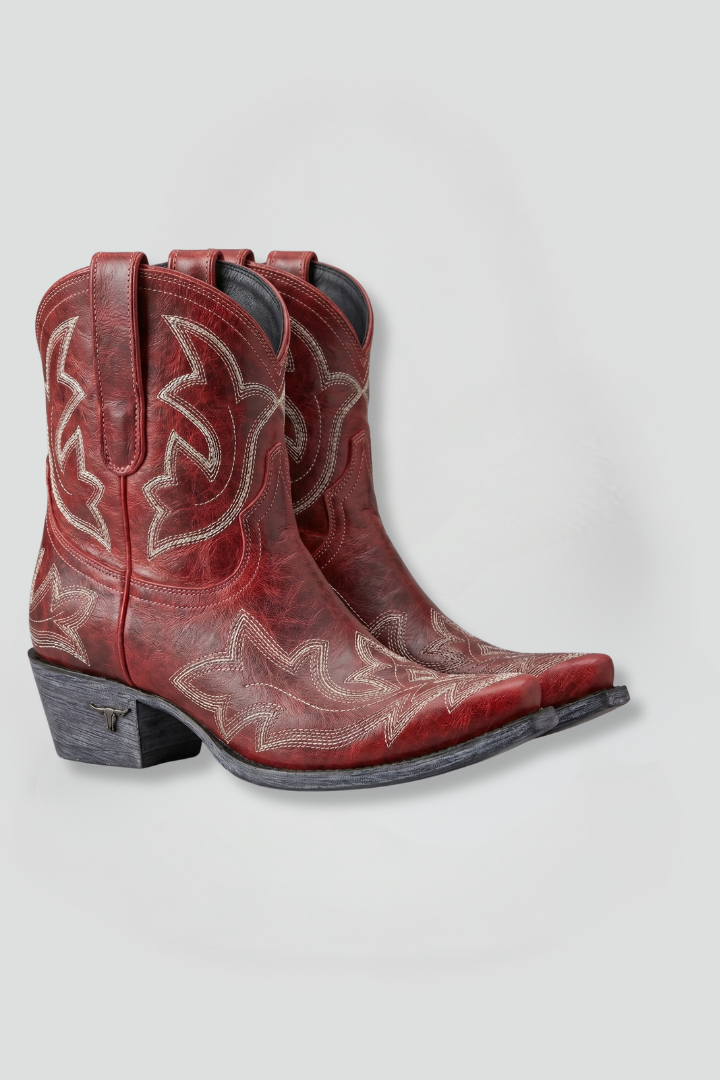 Western-Inspired Leather Mid-Calf Boots with Embroidered Detailing for All-Season Wear