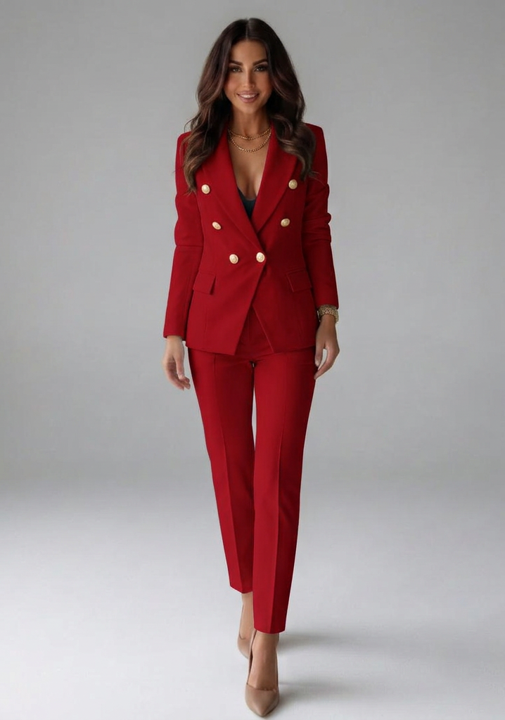 Women's Tailored Double-Breasted Blazer and Trousers Set for Office and Formal Wear