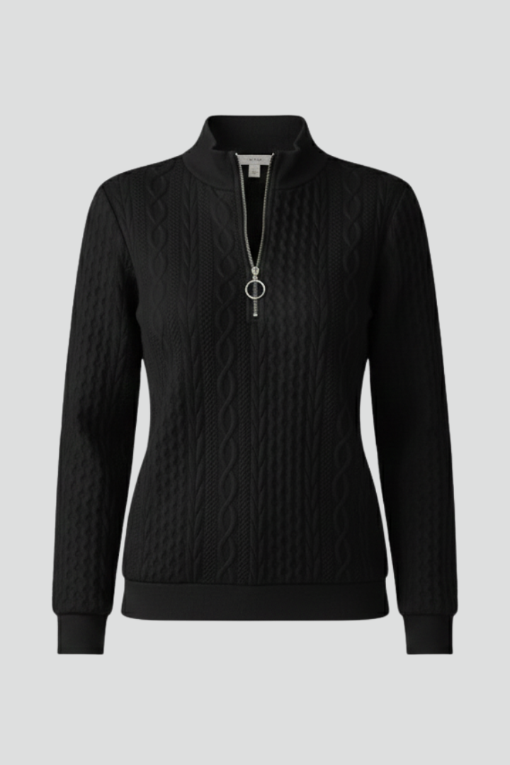 Cable Knit Zip Neck Jumper for Women with Long Sleeves and Straight Hem